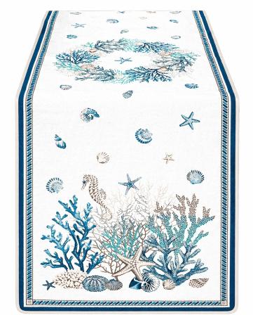 Tissus Toselli žakardinis takelis SEYCHELLES blanc blue 170 x 50 cm