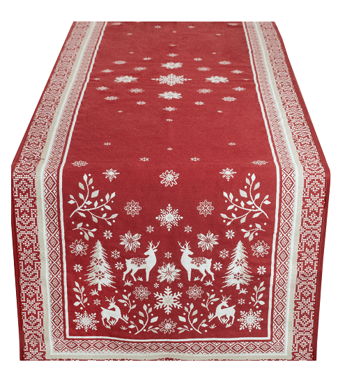 Tissus Toselli Jacquard table runner MONTAGNE valle rouge 170 x 50 cm