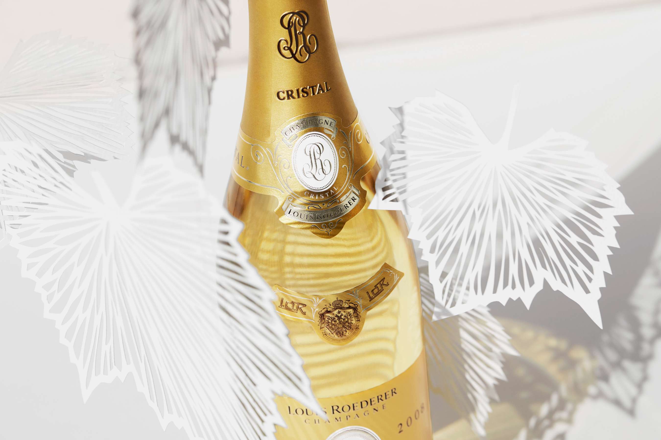 Cristal 2008 &scaron;ampano butelis rudens lapų fone